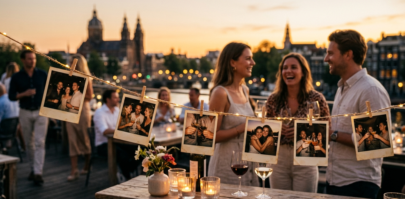 Hospitality guests enjoying drinks with instant prints on display