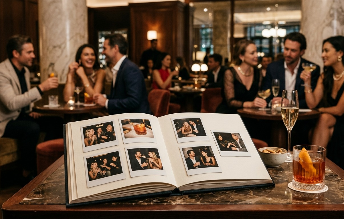 Hospitality event guests enjoying an instant-print experience