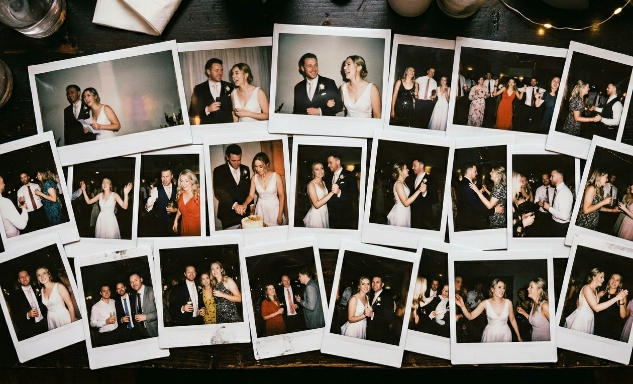 Instant wedding prints spread across a table